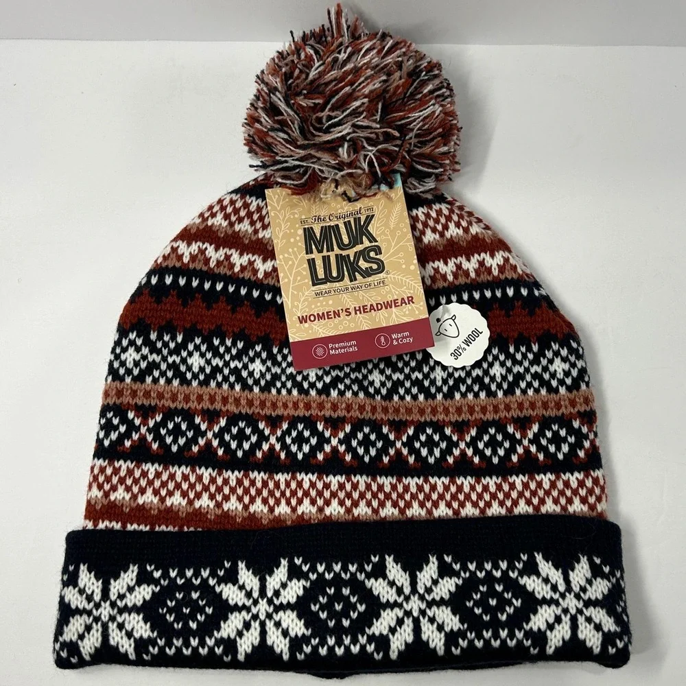 Muk Luks Womens Fair Isle Beanie Spice Isle Wool Blend Pom Pom Hat Winter Tossle
